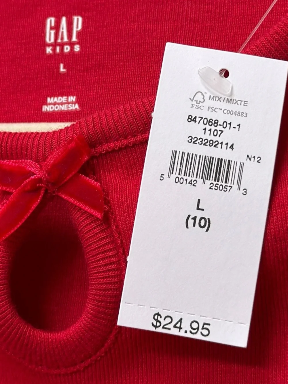 GAP Kids Girls Red Keyhole Bow Long Sleeve Fitted Top Shirt. Large. 10. NEW.